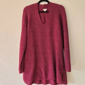 J Jill Long-Sleeve V-Neck Ribbed Sweater Tunic in Berry